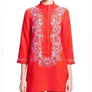 Brooks Brothers Red Linen Tunic Top with Blue Embroidery & Pockets 10
